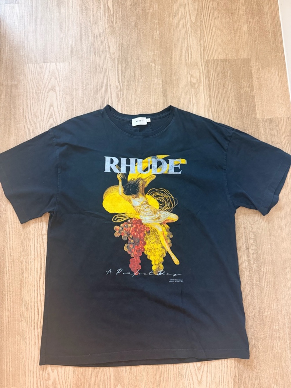 Rhude Black Tee with Yellow & Light Blue Graphic